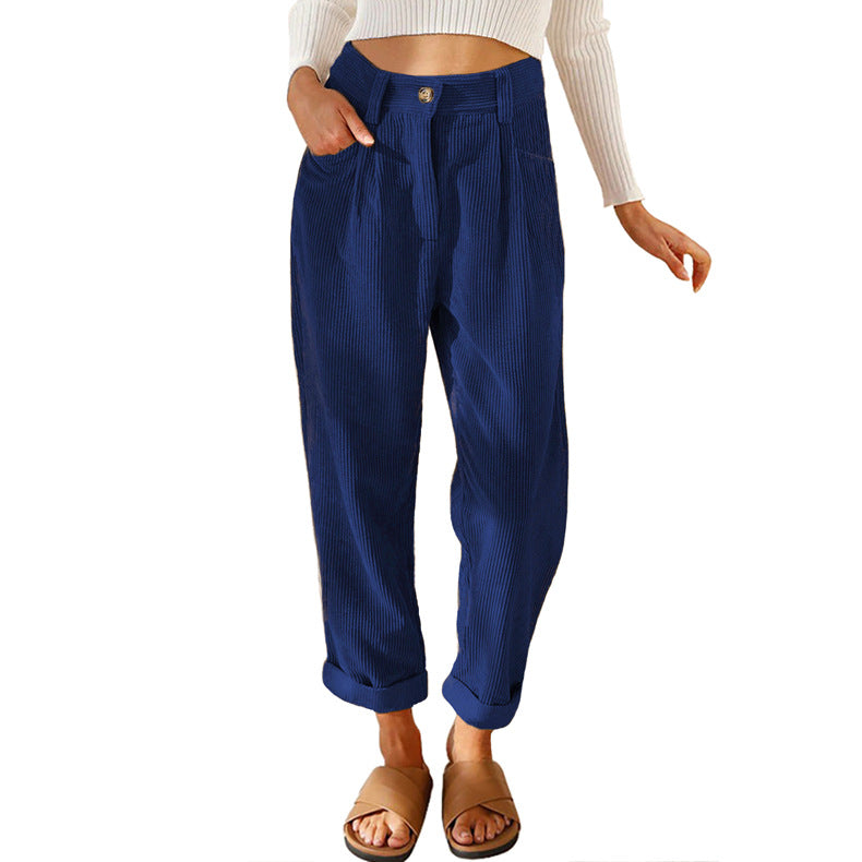 Chelsie - Pantaloni casual a vita alta in velluto a coste per donne 2