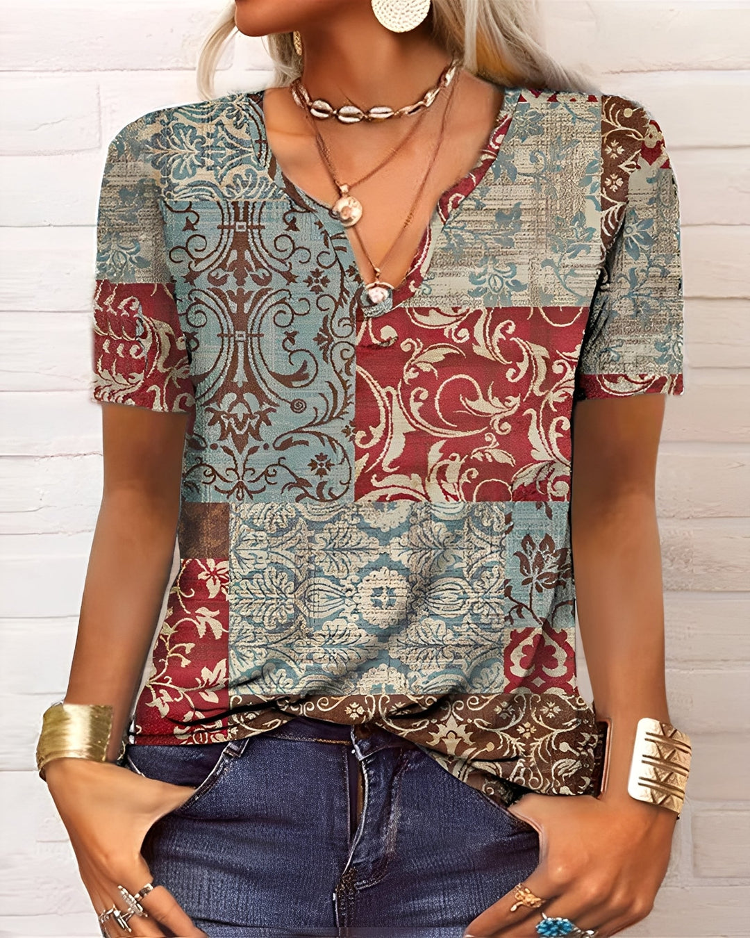 Denise - Blusa boho con scollo a V e bottoni per donne 0