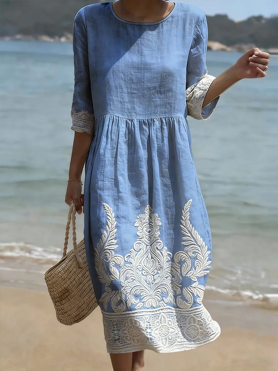Elina | Abito Midi in Lino con Dettagli al Fondo 0