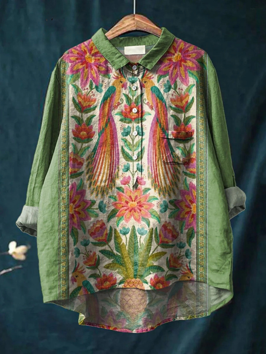 Emerson | Camicia casual da donna vintage con stampa artistica di fiori e uccelli 0