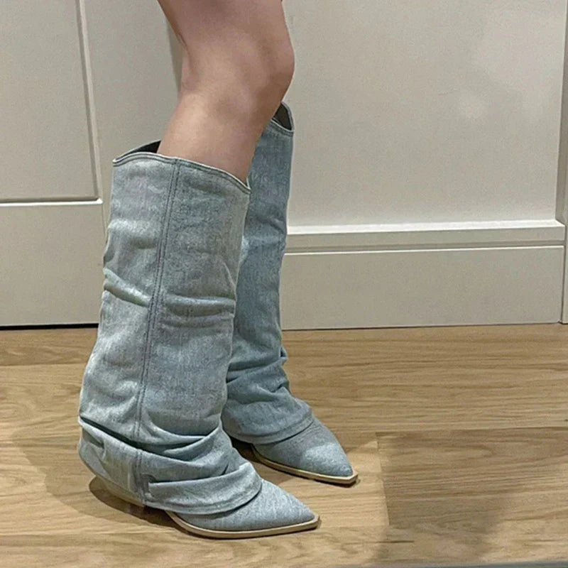 Estrid - Stivali alti al ginocchio in denim per donne 1