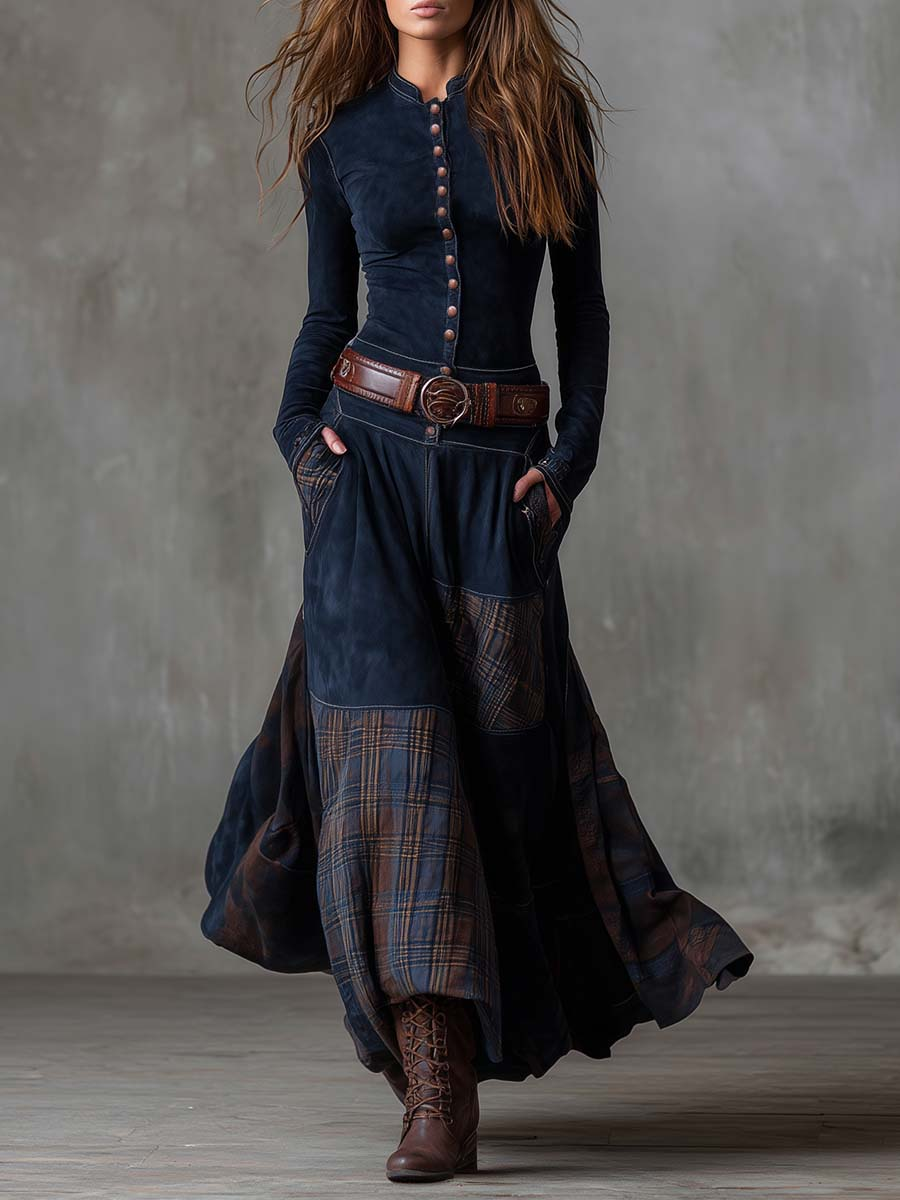 Evelina™ | Vestito Lungo Vintage in Camoscio a Quadri Blu Navy (con Cintura Inclusa) 0