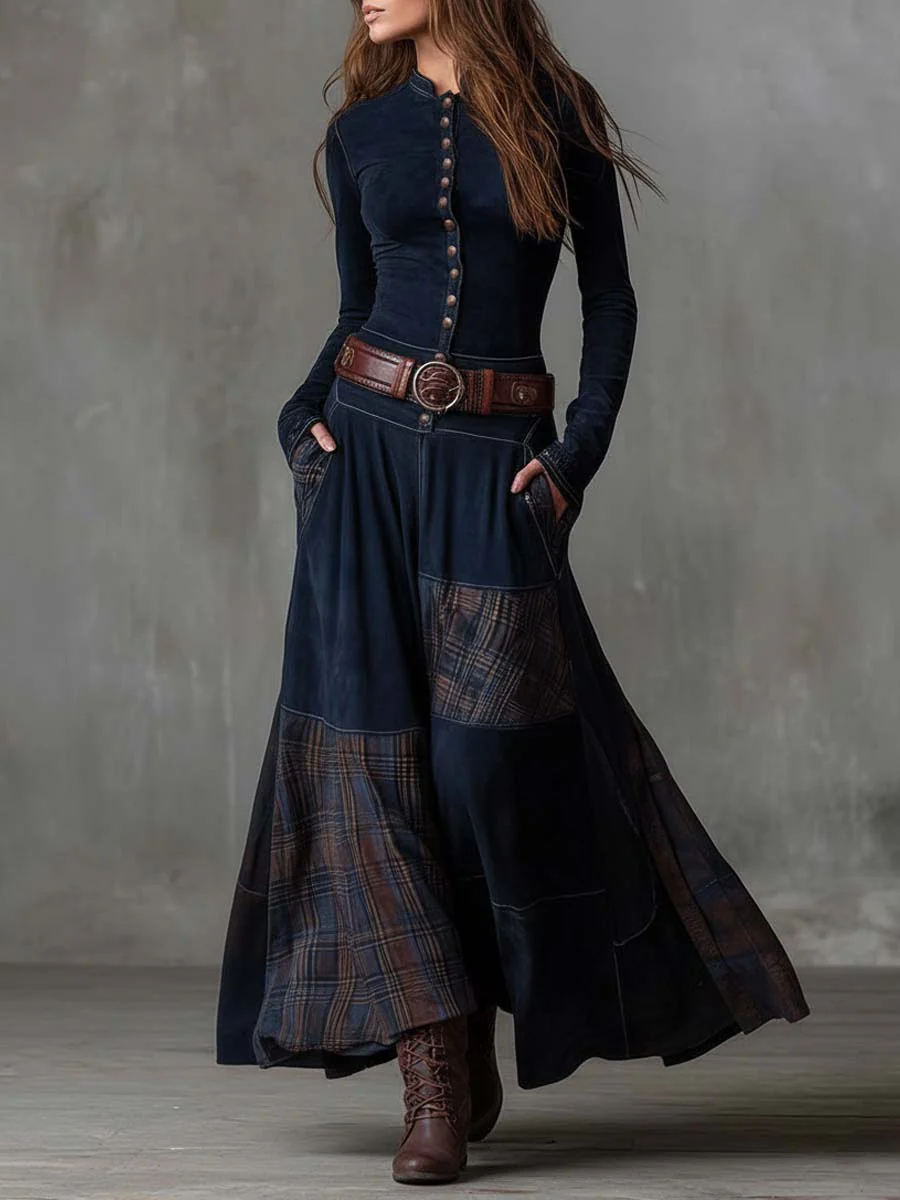 Evelina™ | Vestito Lungo Vintage in Camoscio a Quadri Blu Navy (con Cintura Inclusa) 1