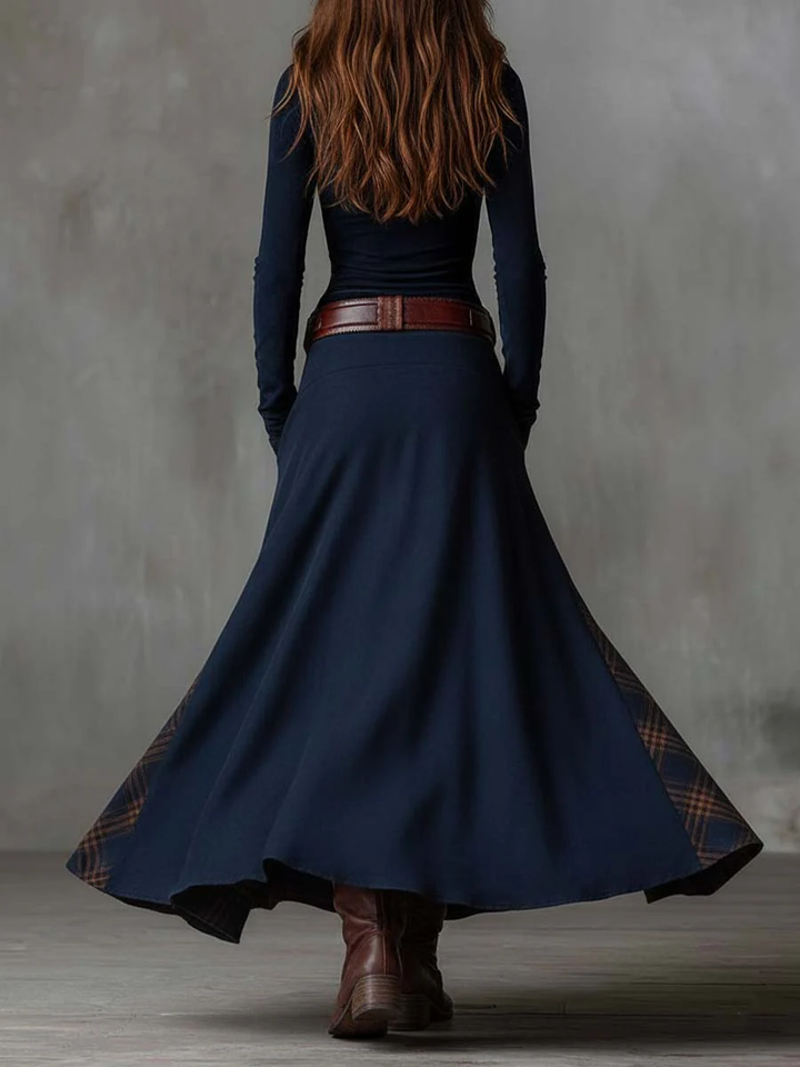 Evelina™ | Vestito Lungo Vintage in Camoscio a Quadri Blu Navy (con Cintura Inclusa) 5