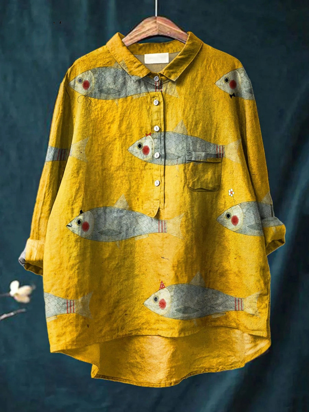 Felicity | Camicia casual da donna con stampa vintage di pesci 0