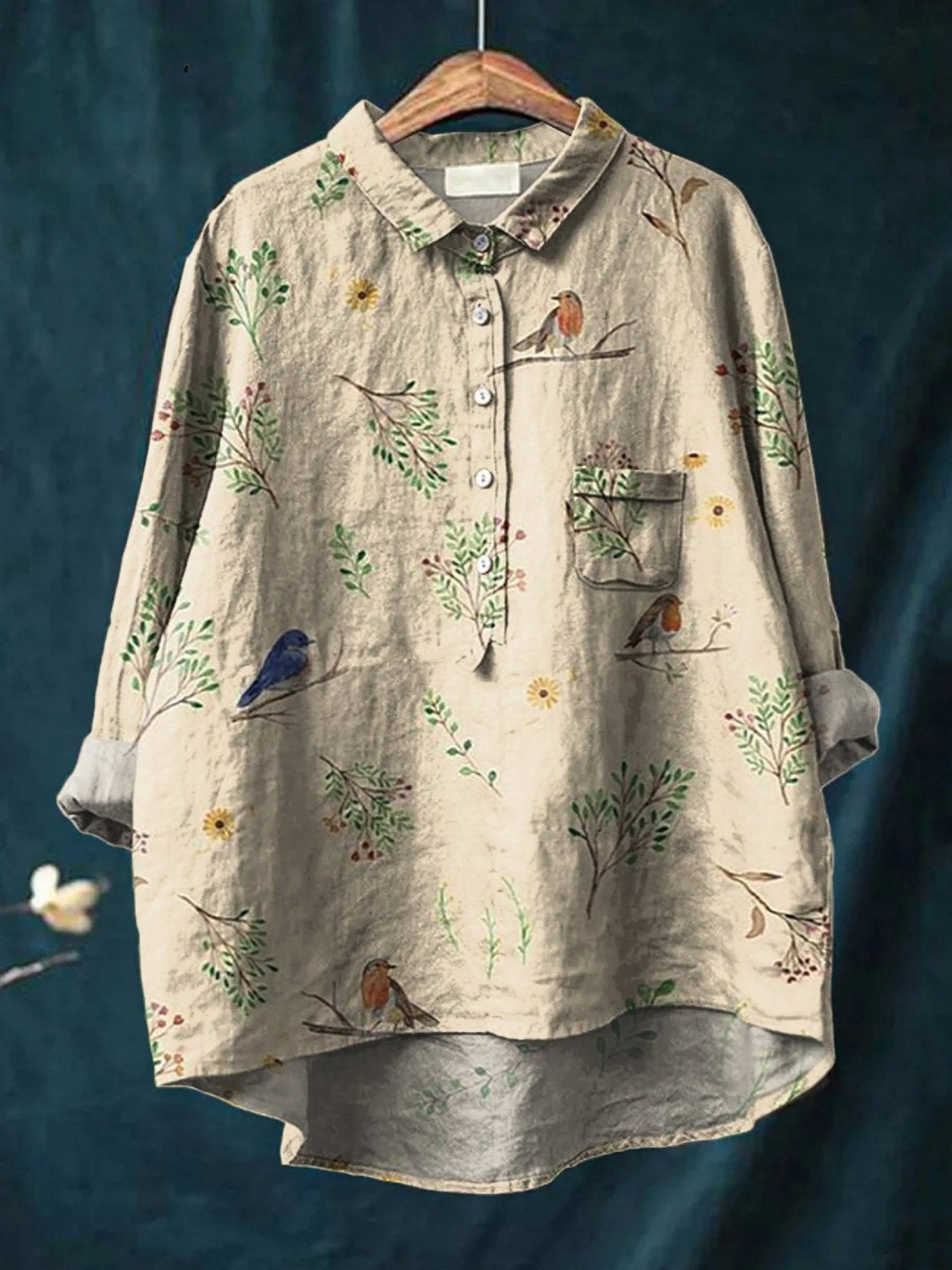 Lorelai | Camicia casual da donna con stampa di rami e pettirossi 0
