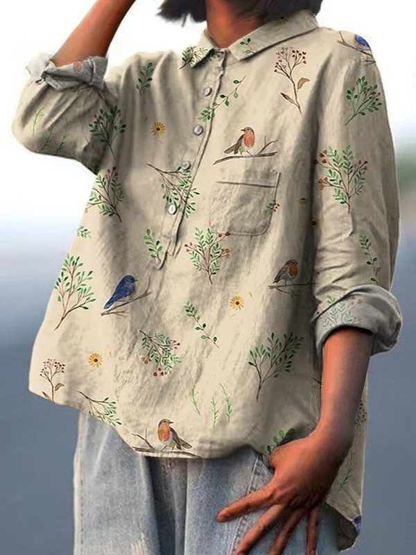 Lorelai | Camicia casual da donna con stampa di rami e pettirossi 1