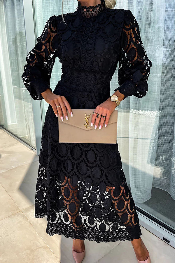 Melody - Elegante Abito Midi in Pizzo Collo Alto & Maniche a Sbuffo 1