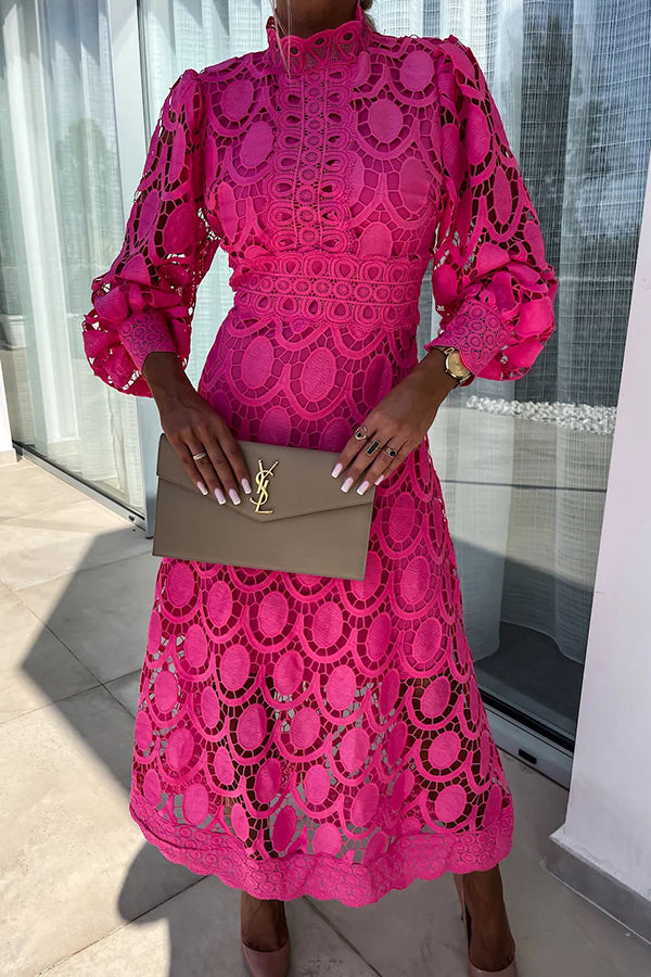 Melody - Elegante Abito Midi in Pizzo Collo Alto & Maniche a Sbuffo 2