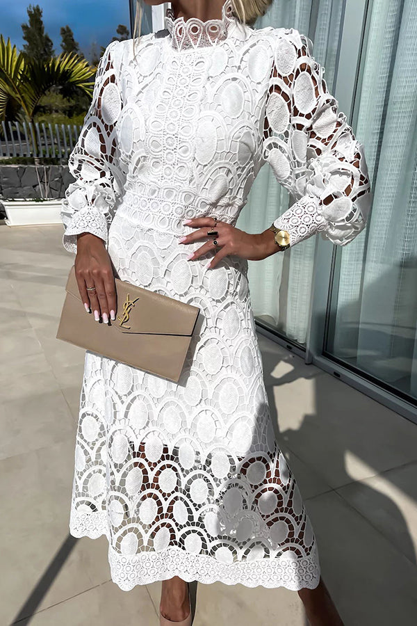 Melody - Elegante Abito Midi in Pizzo Collo Alto & Maniche a Sbuffo 3