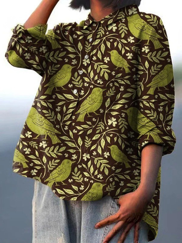 Nora | Camicia casual da donna con stampa artistica vintage di fiori e uccelli 1