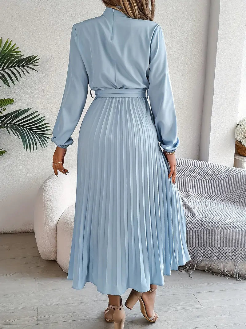 Serena™ – Abito Midi Plissettato con Maniche Lunghe e Cinturaa 1