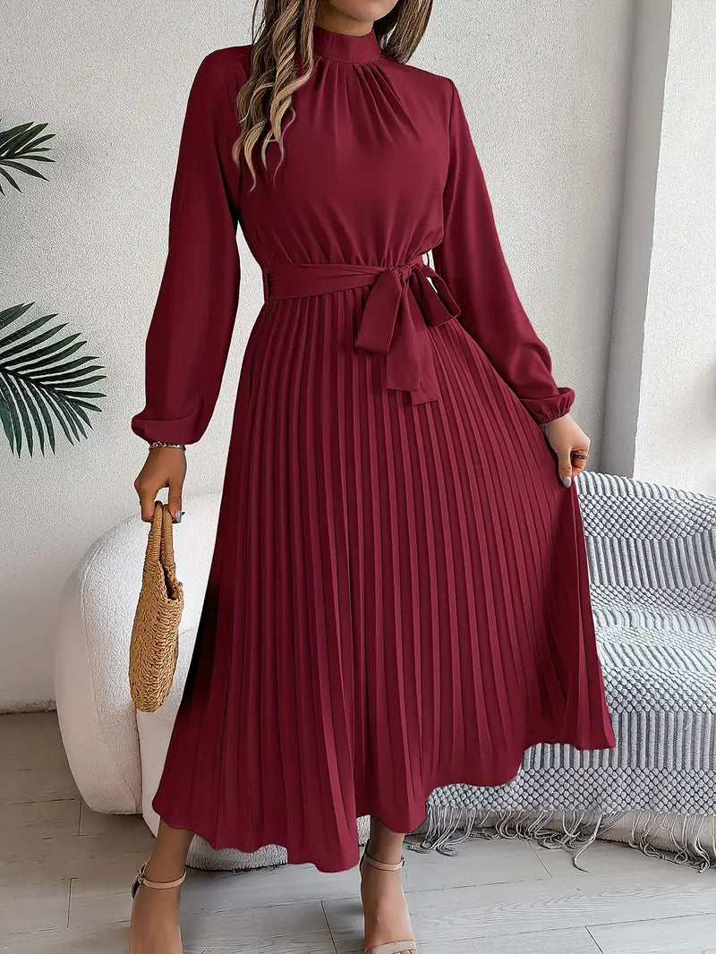 Serena™ – Abito Midi Plissettato con Maniche Lunghe e Cinturaa 4