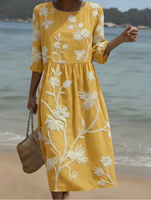 Solene | Vestito Midi Botanico Dorato 0