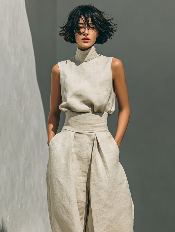 Modella seduta con il completo due pezzi in lino, enfatizzando il comfort e la versatilità per diverse posture.