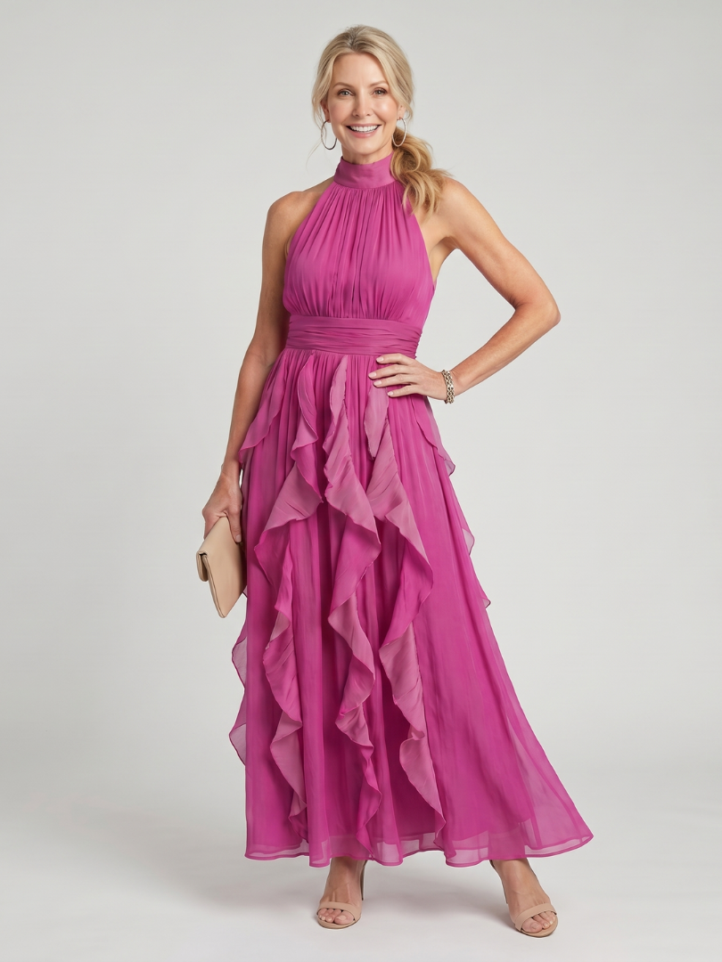 Anthea, abito lungo elegante rosa con scollatura halter, vista frontale su modella in posa dinamica.