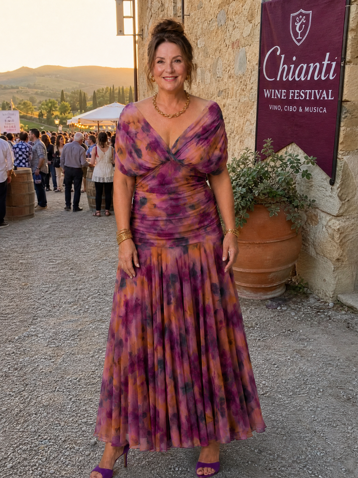 Abito midi Anthea piegato ordinatamente, pronto per essere spedito, con focus sul tessuto.