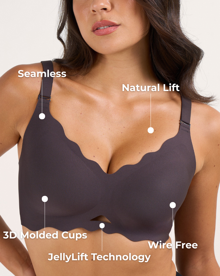 Dettaglio ravvicinato del tessuto liscio e delle cuciture invisibili del reggiseno Antonia, colore nero.