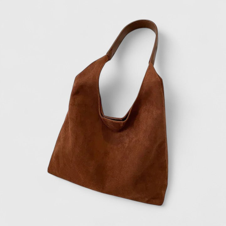 Borsa Cassia in colore caffè, mostrata con la capacità interna, vista dall'alto