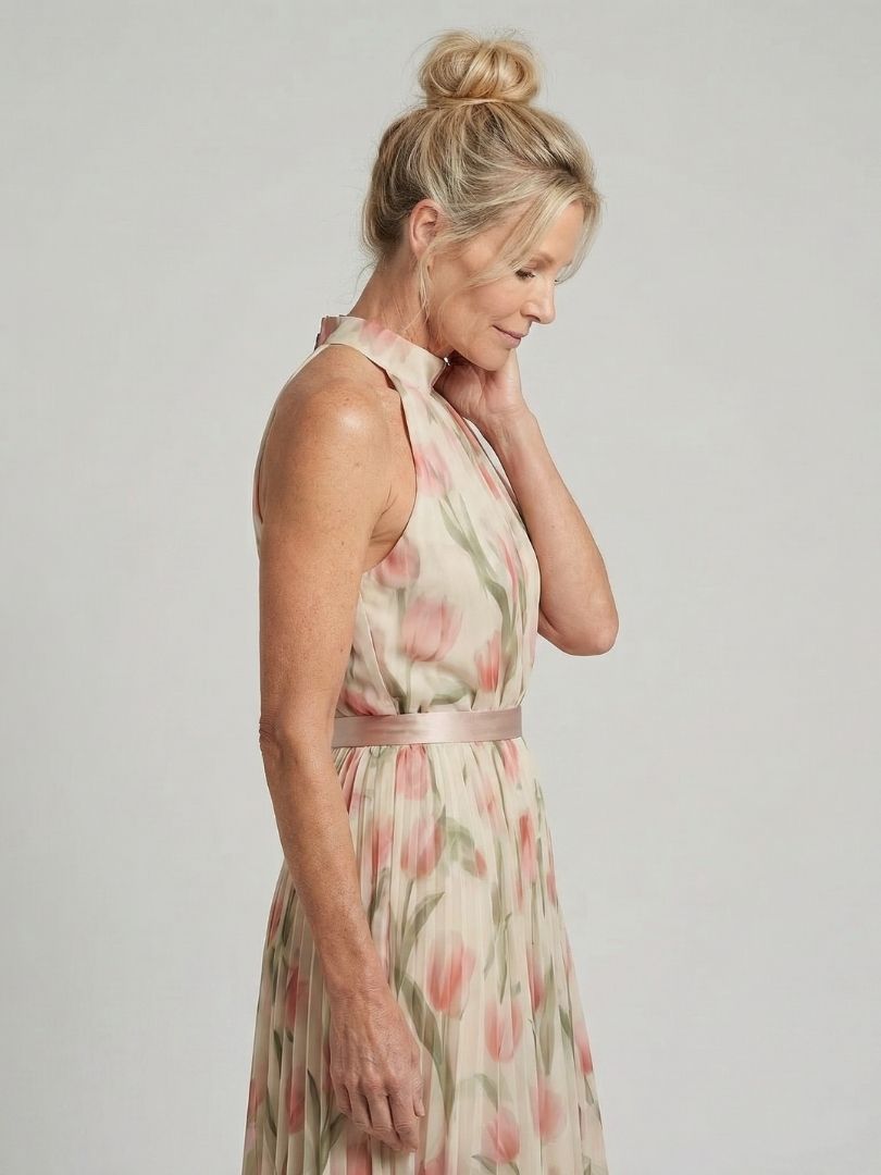 Dettaglio della scollatura all'americana dell'abito midi floreale Celeste e del delicato motivo floreale.