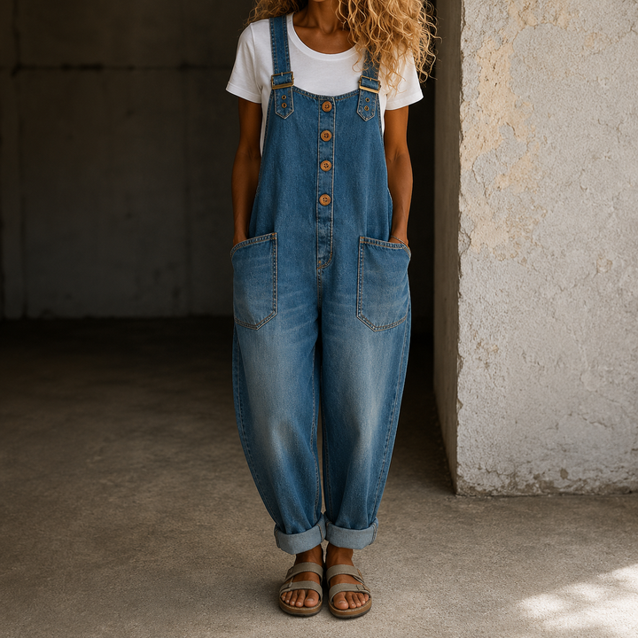 Modella che indossa la tuta Clarissa in denim chiaro con spalline regolabili, vista frontale su sfondo neutro.
