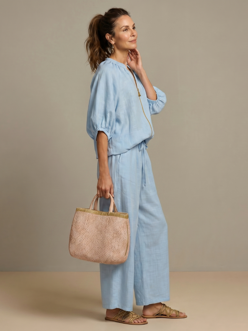 Modella che indossa pantaloni a gamba larga Cleo verdi, dettaglio del tessuto leggero e naturale.