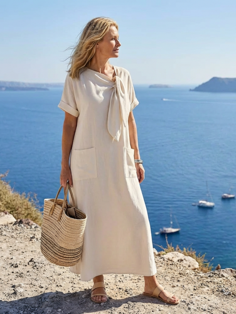 Modella che indossa i pantaloncini Daphne beige in un ambiente esterno, con una posa rilassata che ne mostra la vestibilità.