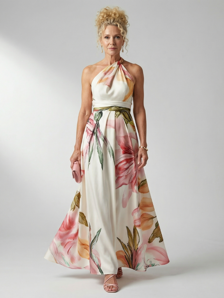 Volledig vooraanzicht van de Elara licht bloemen maxi-jurk in wit met halterhals, gedragen door een model.