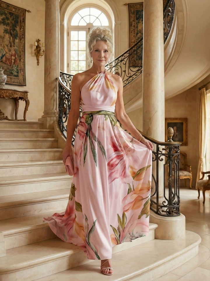 Close-up van het bloemenpatroon en de levendige roze kleur van de Elara maxi-jurk, met aandacht voor de details.