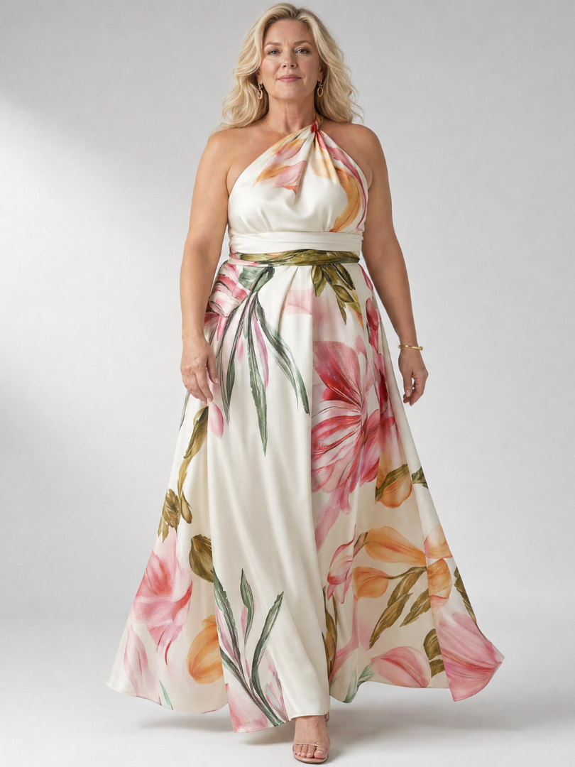 Overzicht van de Elara licht bloemen maxi-jurk in roze, liggend op een plat oppervlak om de print en vorm te tonen.