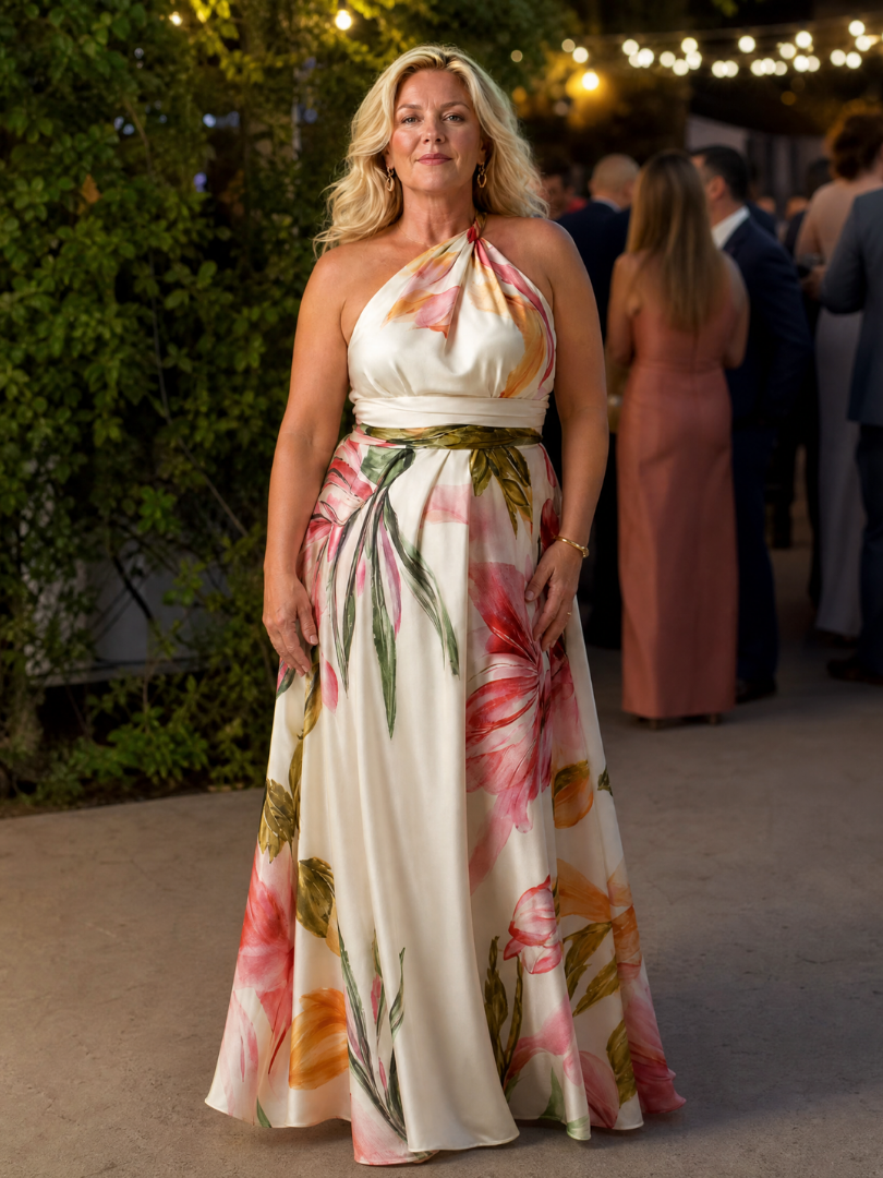 Model dat speels poseert in de roze Elara bloemen maxi-jurk, haar armen omhoog, de lichtheid van de stof benadrukkend.