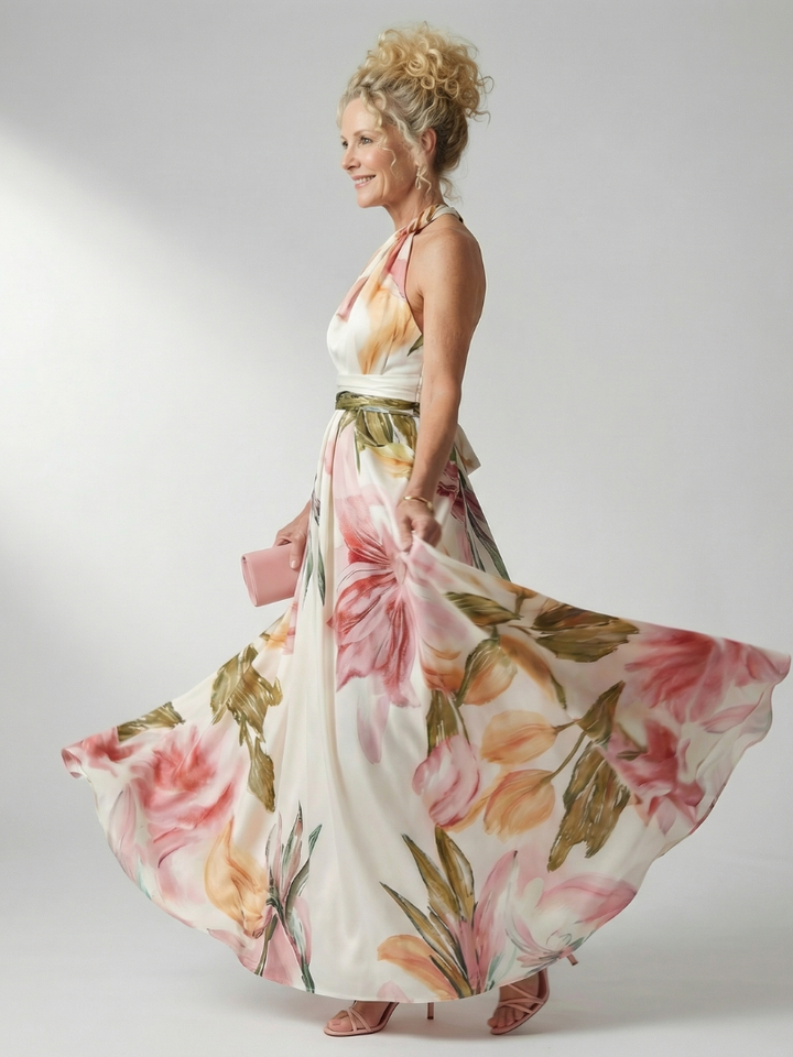 Zijaanzicht van de elegante Elara bloemen maxi-jurk in wit, tonend de vloeiende rok en mouwloze design.