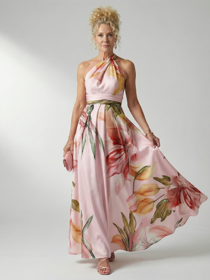 Model zittend in de witte Elara bloemen maxi-jurk, demonstrerend het comfort en de bewegingsvrijheid van de jurk.