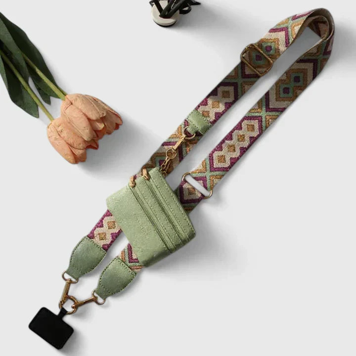 Borsa Elodie rosa con tracolla corta, posta su una superficie piana, con spazio per un telefono.