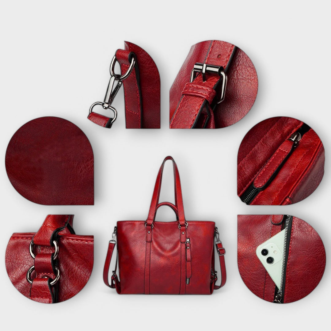Een vrouw die de Fiona elegante leren handtas draagt tijdens een wandeling, wat de draagbaarheid toont.