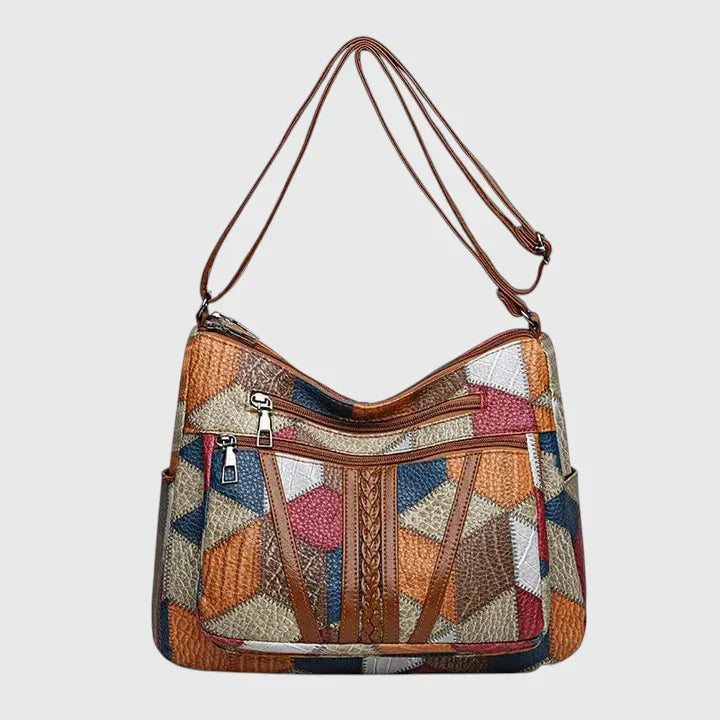 Vista posteriore della borsa ispirata all'arte Hadria, con un focus sulla pulizia del design