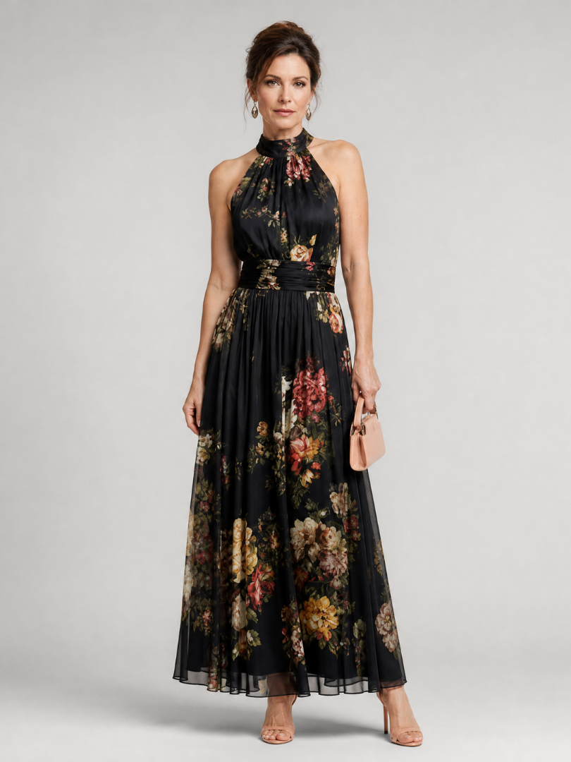 Abito midi floreale Isotta nero con scollo all'americana, vista frontale su manichino.