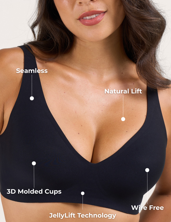 Primo piano del tessuto morbido e delle strisce in gel a W del reggiseno Maeve, mostrando la texture liscia.