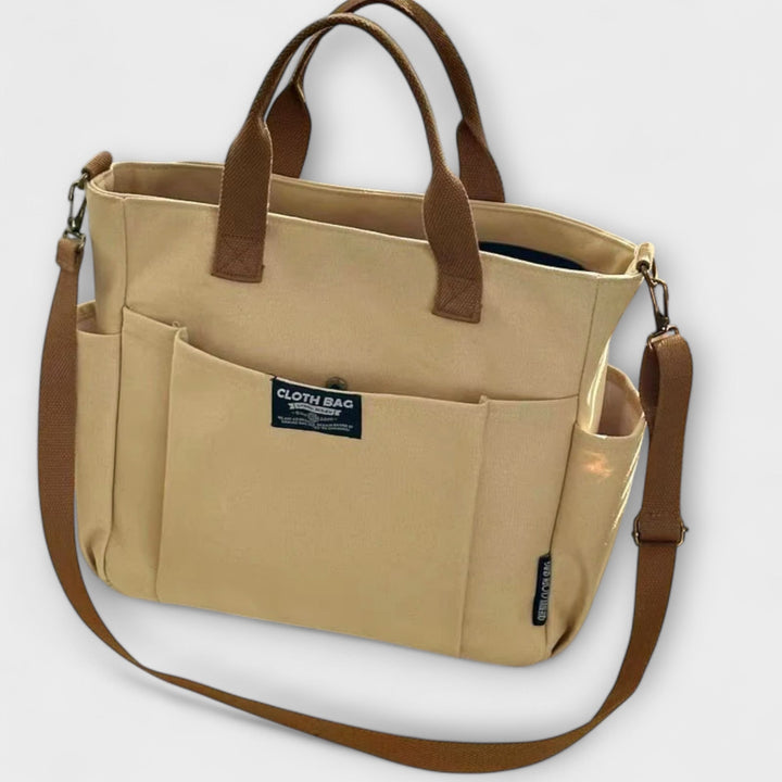 Borsa tote versatile Maia color khaki, vista frontale, con design minimalista e tracolla.