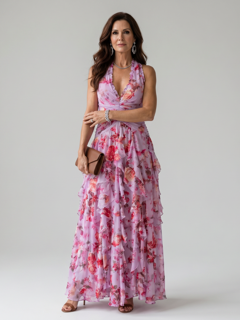 Modella che indossa un abito lungo floreale rosa con scollo halter, vista frontale su sfondo neutro.