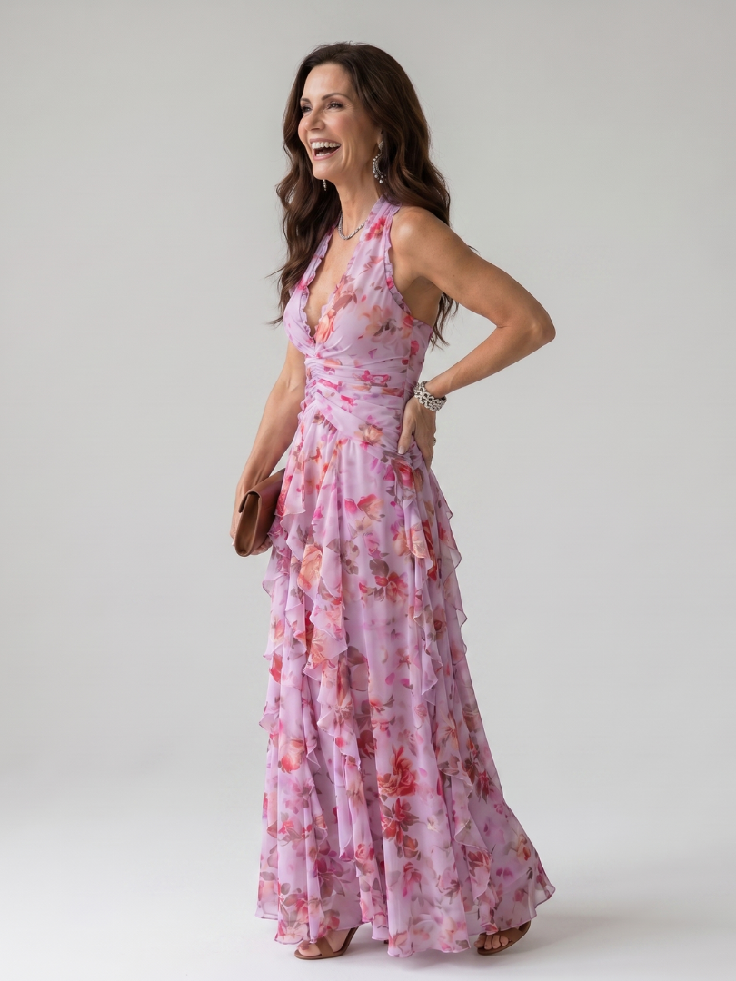 Dettaglio del corpetto arricciato e dello scollo halter dell'abito lungo floreale in tonalità rosa.