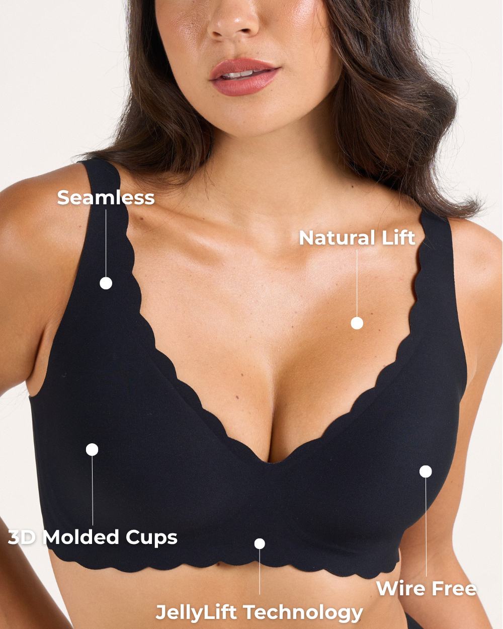 Dettaglio ravvicinato della trama senza cuciture e delle strisce in gel a W interne del reggiseno push-up Nadia.