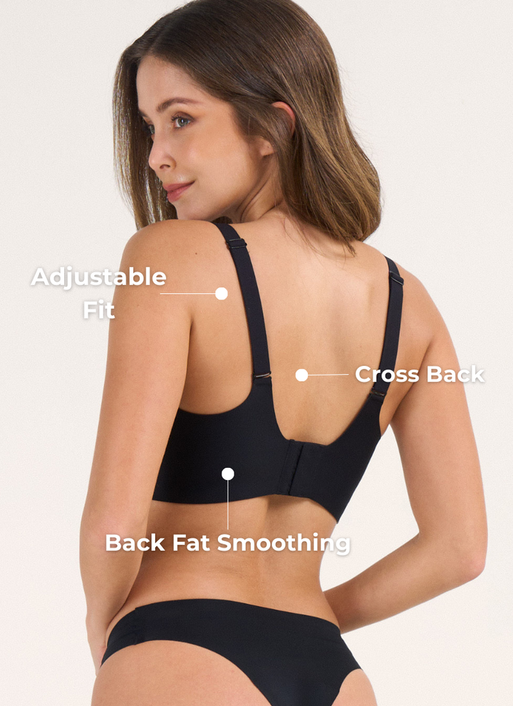 Vista frontale del reggiseno Noa nero, mostrando il design pulito e la fascia inferiore che offre supporto.
