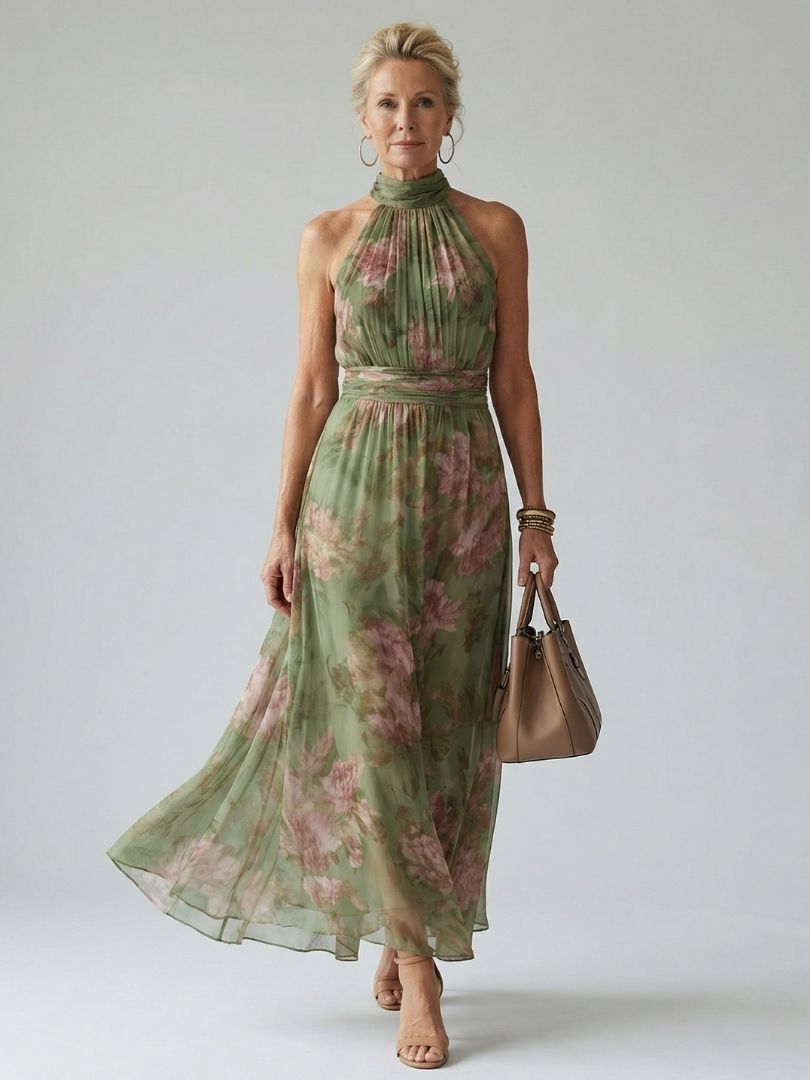 Abito midi halter verde salvia, vista frontale, con dettagli arricciati sul corpetto e motivo floreale delicato.