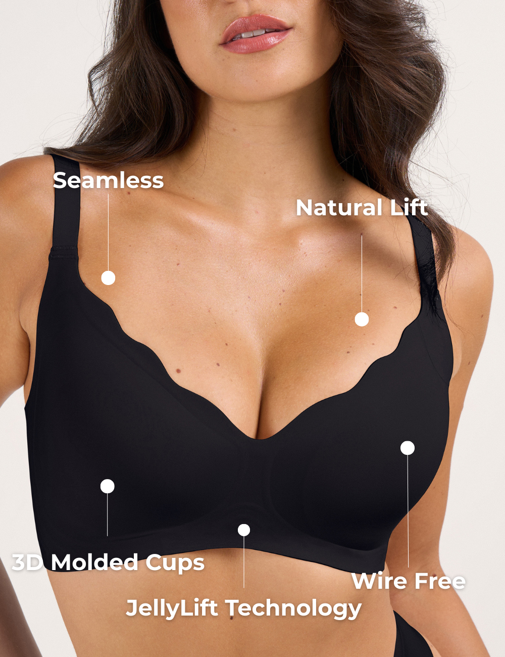 Vista laterale del reggiseno Rosalia nero che mostra la fascia in gel e le spalline regolabili.