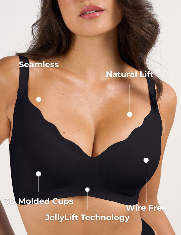 Vista laterale del reggiseno Rosalia nero che mostra la fascia in gel e le spalline regolabili.