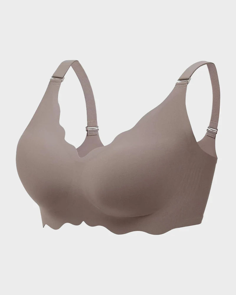 Reggiseno Silvia grigio, appeso, per mostrare la forma completa e il design a copertura totale.