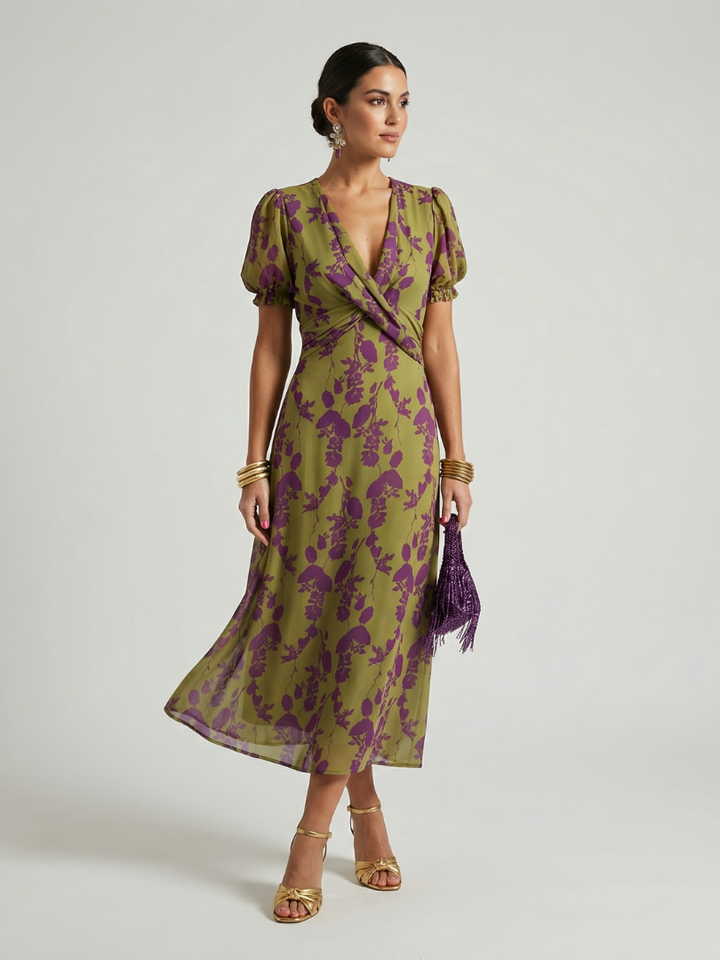 Modella che indossa l'abito midi floreale Soleia con una posa elegante, mettendo in risalto la silhouette fluida del vestito.