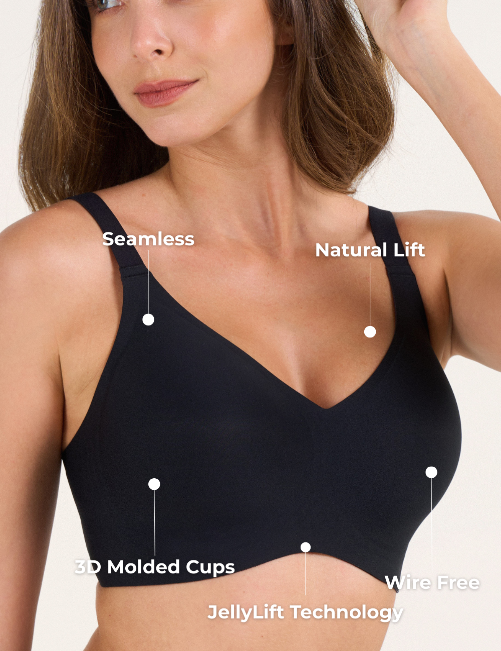 Dettaglio della tecnologia JellyLift™ all'interno del reggiseno Wren, evidenziando le strisce a W per il supporto.