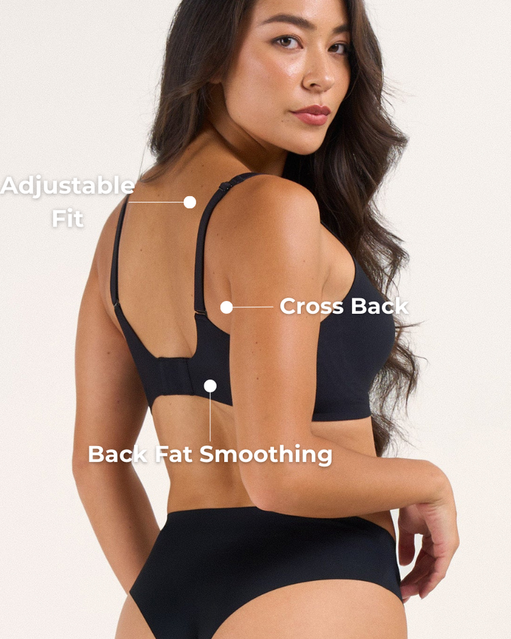Reggiseno Wren bianco da dietro, con focus sulle spalline antiscivolo e la chiusura.